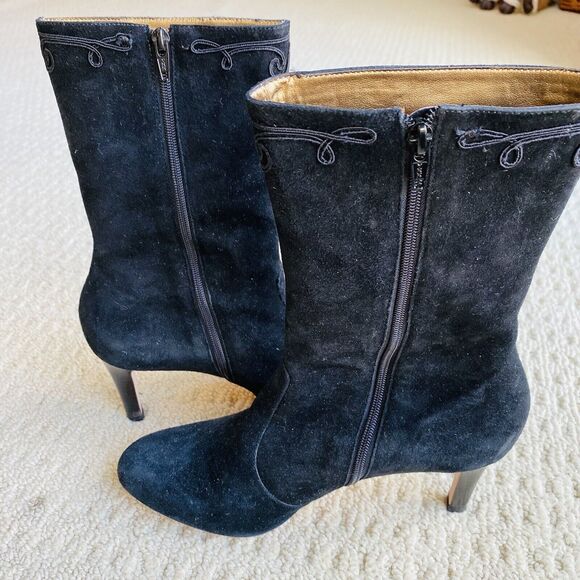 Ann Taylor Black Suede Boots High Heel Mid-Calf Soutache Embroidery  Zip US 7.5M - Picture 7 of 10